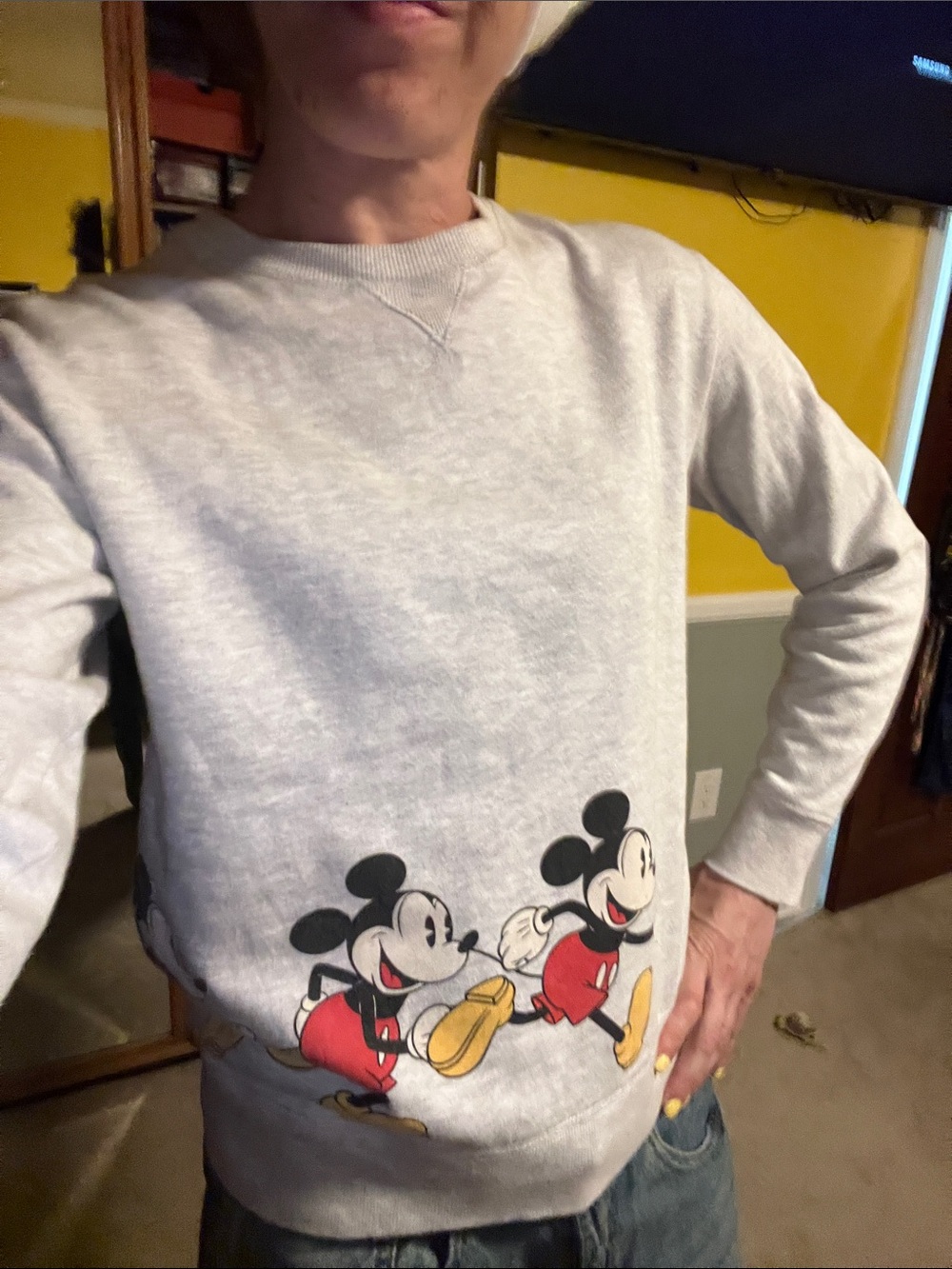 Disney Light Gray Mickey Mouse Crewneck Sweatshirt with Red & Yellow Accents